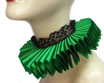 Green Ruffled Collar Elizabethan Neck Ruff Victorian Steampunk Tudor Satin Lace