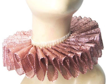 Pink Ruffled Collar Dusty Rose Metallic Queen Elizabethan Neck Ruff Victorian Steampunk Edwardian Tudor