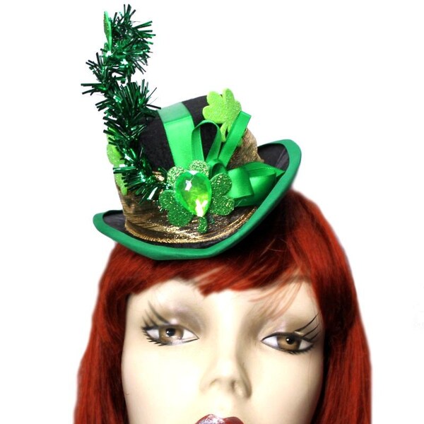 St Patricks Day Mini Top Hat Fascinator Lucky Shamrock Leprechaun Steampunk Green Gold