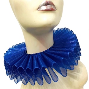 May include: A blue ruffled collar made of sparkly mesh fabric. The collar is worn on a mannequin's neck.