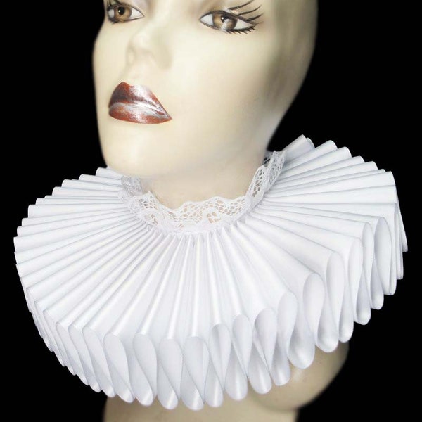 Col à volants en satin blanc, grande taille large, col élisabéthain, collerette victorienne steampunk gothique édouardien