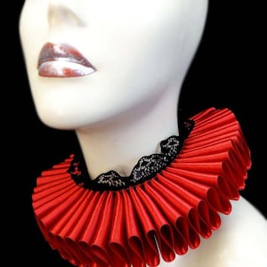 Neck Ruff Ruffled Collar Red Queen Satin And Black Lace Elizabethan Victorian Steampunk Gothic
