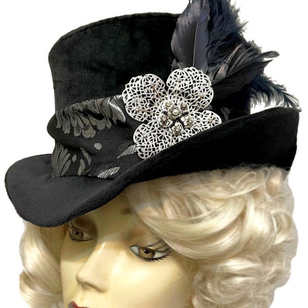 Black Velvet Top Hat Low Crown Silver Fleur Victorian Riding Hat Elegant Steampunk Mad Hatter Wedding Topper Ladies Mens Unisex