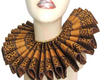 Big Ruffled Collar Brown Leopard Safari Queen Elizabethan Neck Ruff Victorian Steampunk Edwardian Tudor