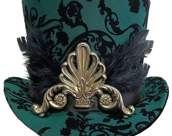 Cappello a cilindro in velluto verde Cappello a cilindro nero con piume d'argento Wild Steampunk Dandy Mad Hatter Wedding Topper