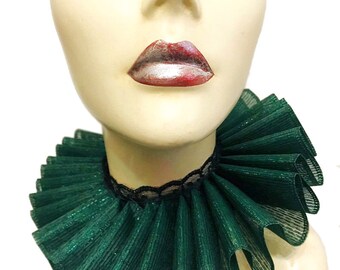 Ruffled Collar Pine Green Shimmer Queen Elizabethan Neck Ruff Victorian Steampunk Edwardian Tudor Metallic Christmas