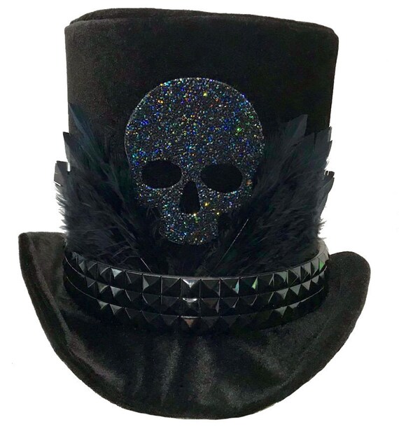 Tall Black Velvet Top Hat Gothic Glam Skull Studded Large Etsy