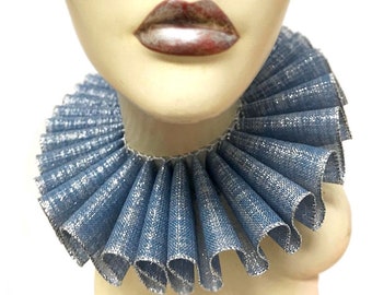 Ruffled Collar Blue Silver Shimmer Queen Elizabethan Neck Ruff Victorian Steampunk Edwardian Tudor Metallic Christmas