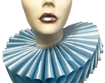 Ruffled Collar Baby Blue Satin Tall Wide Elizabethan Neck Ruff Victorian Steampunk Sissy Edwardian