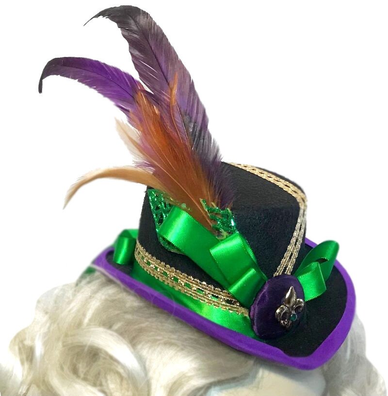 NEW Mardi Gras Feathered Sequin Mini Top Hat - Green, Purple & Yellow NWOT Nicky Bigs Novelties Mardi Gras Top Hat With Feather Costume  main image 3