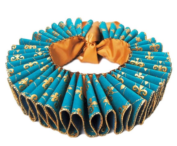 Ruffled Collar Fleur De Lis Teal Blue Gold Queen Elizabethan Neck Ruff Victorian Steampunk Edwardian Tudor