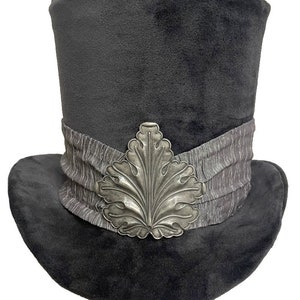 Velvet Top Hat Gray Silver Leaf Grey Steampunk Dandy Mad Hatter Wedding Topper