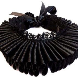 Black Satin And Lace Elizabethan Neck Ruff Ruffled Collar Victorian Steampunk Gothic image 3