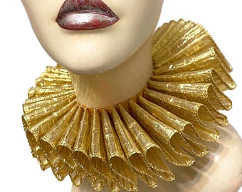 Ruffled Collar Gold Metallic Queen Elizabethan Neck Ruff Victorian Steampunk Edwardian Tudor