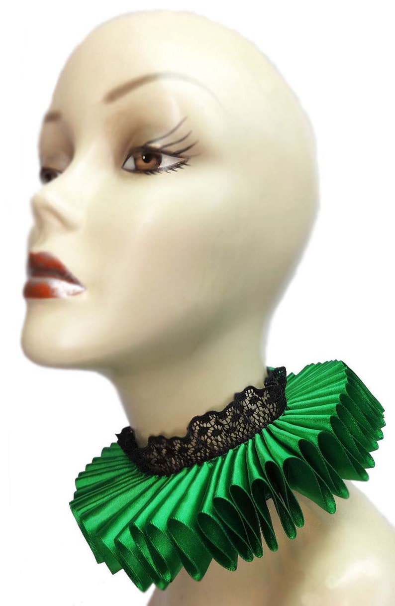 Green Ruffled Collar Elizabethan Neck Ruff Victorian Steampunk Tudor Satin Lace image 1