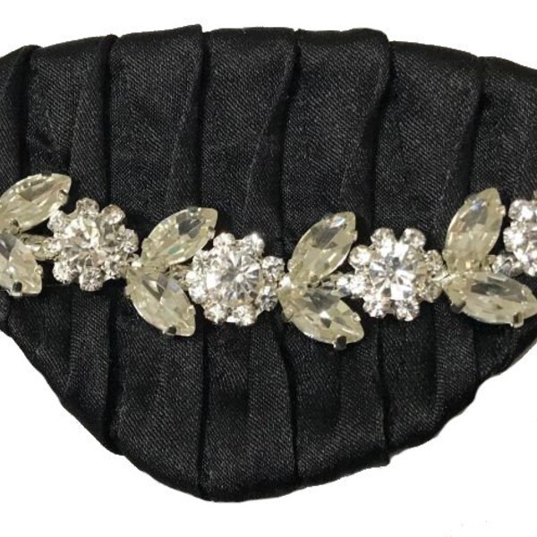 Rhinestone Eye Patch Jeweled Glamour Deluxe Black Satin Silver Fashion Formal Chic