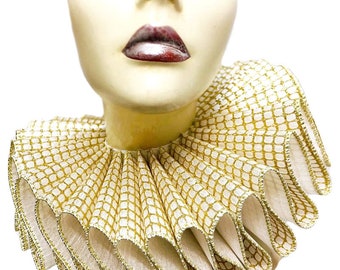Ruffled Collar Gold White Glittery Tall Wide Elizabethan Neck Ruff Victorian Steampunk Gothic Edwardian