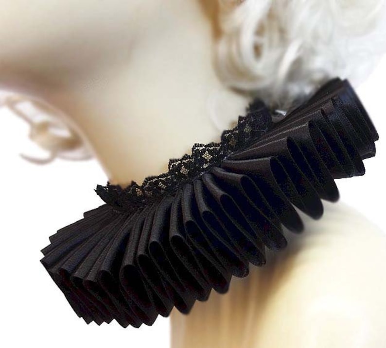 Black Satin And Lace Elizabethan Neck Ruff Ruffled Collar Victorian Steampunk Gothic image 1