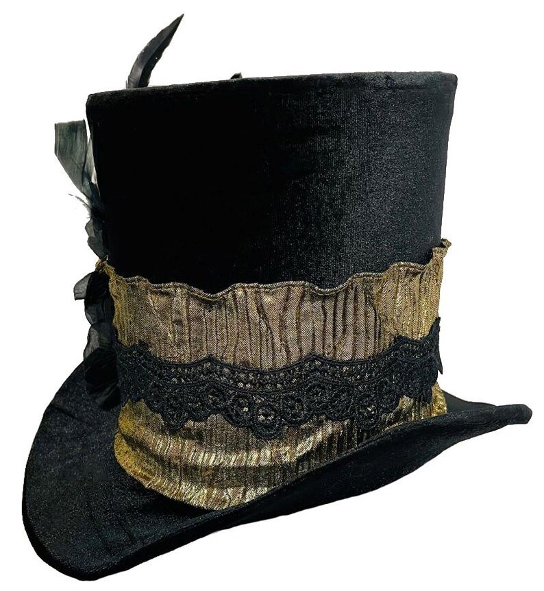 Tall Top Hat Black Velvet Skeleton Gold Rose Pirate Gothic Vampire