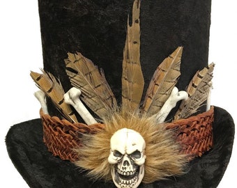 Cappello a cilindro alto LG Voodoo Skull Witch Doctor Marrone gotico Steampunk Horror Wedding Topper