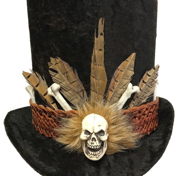 LG Tall Top Hat Voodoo Skull Witch Doctor Brown Gothic Steampunk Horror Wedding Topper