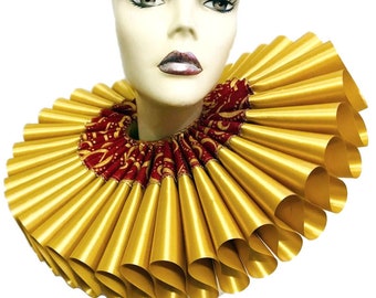 Ruffled Collar Gold Red Satin Huge Tall Wide Elizabethan Neck Ruff Victorian Steampunk Gothic Edwardian