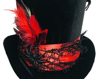 Tall Top Hat Black Spider Velvet Red Gothic Vampire Steampunk Horror Wedding Topper