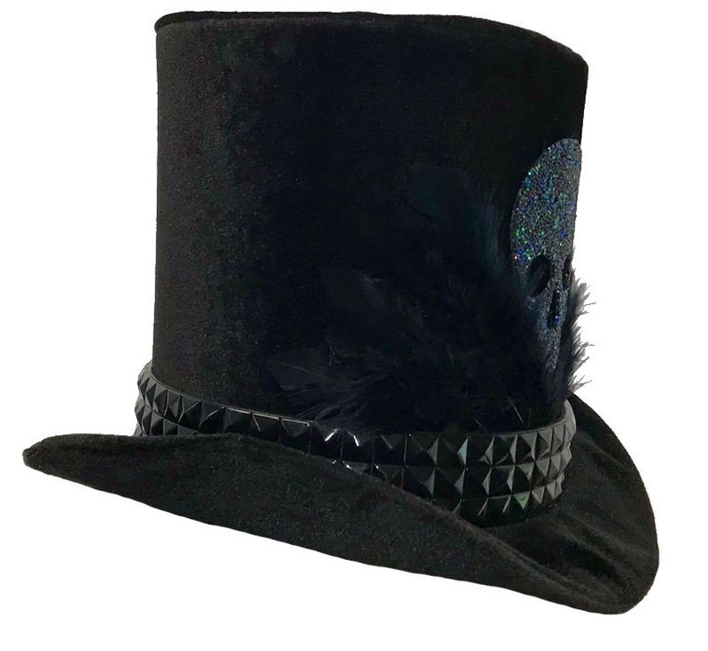 Tall Black Velvet Top Hat Gothic Glam Skull Studded Large Etsy