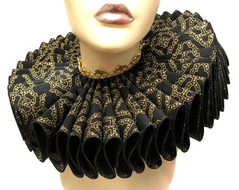 Ruffled Collar Black Gold Royalty Tall Wide Elizabethan Neck Ruff Victorian Steampunk Gothic Edwardian