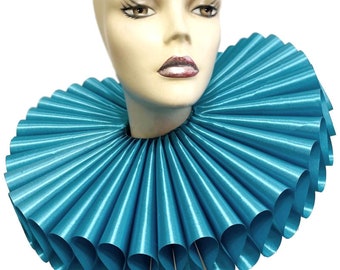 Ruffled Collar Teal Blue Aqua Satin Huge Tall Wide Elizabethan Neck Ruff Victorian Steampunk Gothic Edwardian