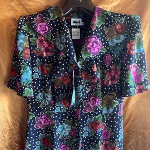 Vintage Leslie Fay Ruffle Collar Printed Dress Smashing!! Size XS-S