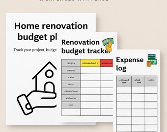 May include: Three white sheets of paper with text and graphics for home renovation budgeting. The text includes "Home renovation budget pl", "Renovation budget tracker", and "Expense log". The image also includes a graphic of a house and hand.