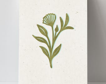 May include: A rectangular canvas print featuring a centered olive green botanical illustration of a single flower with multiple leaves. The artwork is set against a textured off-white background, with a subtle light blue shadow outline.