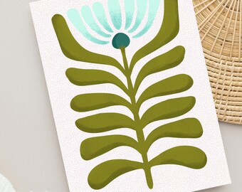 May include: A rectangular art print featuring a stylized botanical illustration of a tall plant with olive green leaves and a light blue flower head with a dark teal center, set against a white background with a fine pink dotted pattern.