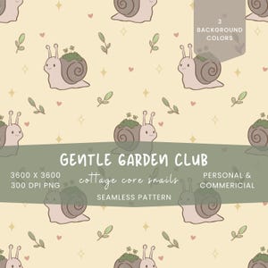 Hand Drawn Cottage Core Mossy Snail Seamless Pattern | Woodland Digital Paper | Cozy Snail Repeat | 3 Backgrounds | 12X12IN 300 DPI PNG