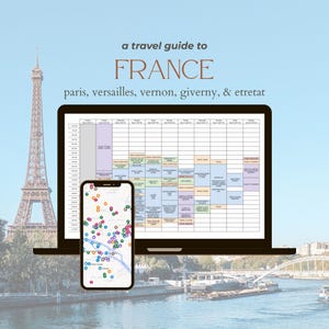 May include: A digital travel guide to France, featuring a laptop displaying an itinerary and a smartphone showing a map. The Eiffel Tower is in the background. Text reads: 'a travel guide to FRANCE'.
