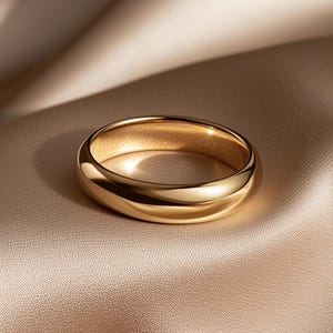 以下が含まれることがあります： 滑らかで丸みを帯びた表面を持つ、磨き上げられたゴールドのバンドリング。リングは光を反射する高光沢のメタリック仕上げが特徴で、湾曲した外側に明るいハイライトを作り出しています。デザインはシンプルで円形、しっかりとした構造です。