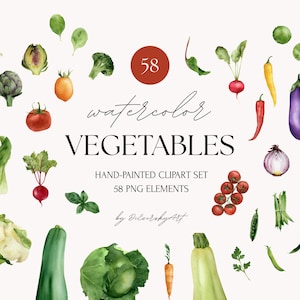 Watercolor vegetables clipart PNG - Healthy organic food clip art - Hand drawn garden illustrations - Recipe art - Digital download