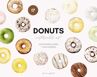 Clipart Donut aquarelle PNG - Illustrations de pâtisseries sucrées et de desserts (téléchargement numérique)