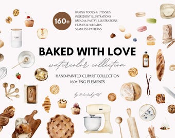 Aquarell Backen Clipart PNG: Handgezeichnete Lebensmittel & Utensilien (Digitaler Download)