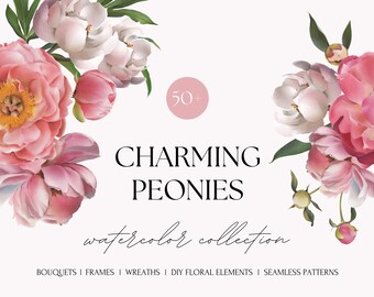 Watercolor Peony Clipart PNG: Pink Floral Bouquets, Frames, Seamless Patterns (Digital Download)