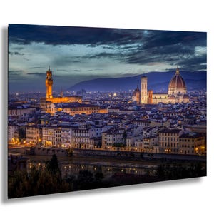 Florence Italy Cityscape at Night with Duomo Cathedral and Palazzo Vecchio Viewed from Piazzale Michelangelo Photography Print Wall Art