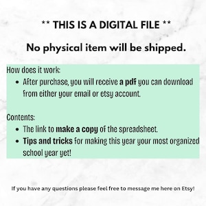 May include: A digital file announcement with the text "THIS IS A DIGITAL FILE" and "No physical item will be shipped." The image explains how the digital file works and its contents, including a spreadsheet link and organizational tips.