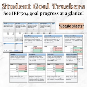 May include: Student goal trackers with the text "See IEP/504 goal progress at a glance!" and "Google Sheets". The document includes tables with student names, dates, scores, and goal progress, with a focus on math skills.
