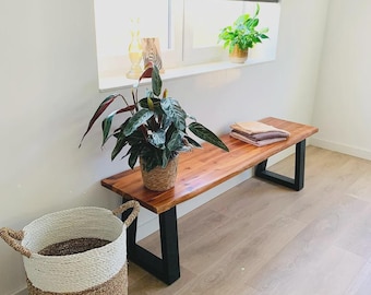Live Edge Acacia Wood Bench • Industrial Style Entryway Bench • Rustic Solid Wood Seat with Metal Legs Hallway • Living Room Dining Bench