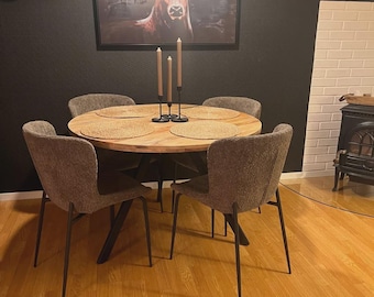 Round Solid Mango Wood Dining Table • Three Legged Circular Dining Table  • Solid Wood Kitchen Table •  110x75 cm • Iron Legs