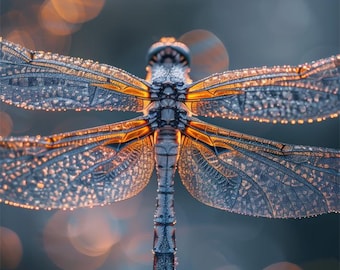 Lámina decorativa de libélula escarchada – Póster macro de insecto azul – Descarga de fotografía de naturaleza elegante
