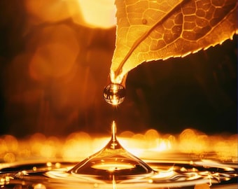 Arte de gotas de hoja dorada – Póster de reflejo de la naturaleza radiante (descarga digital)