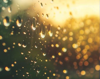 Rain Drops on Glass Wall Art, golden bokeh texture poster (digital download)