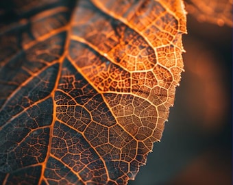 Arte macro de las venas de las hojas de naranja – Póster con textura otoñal (descarga digital)